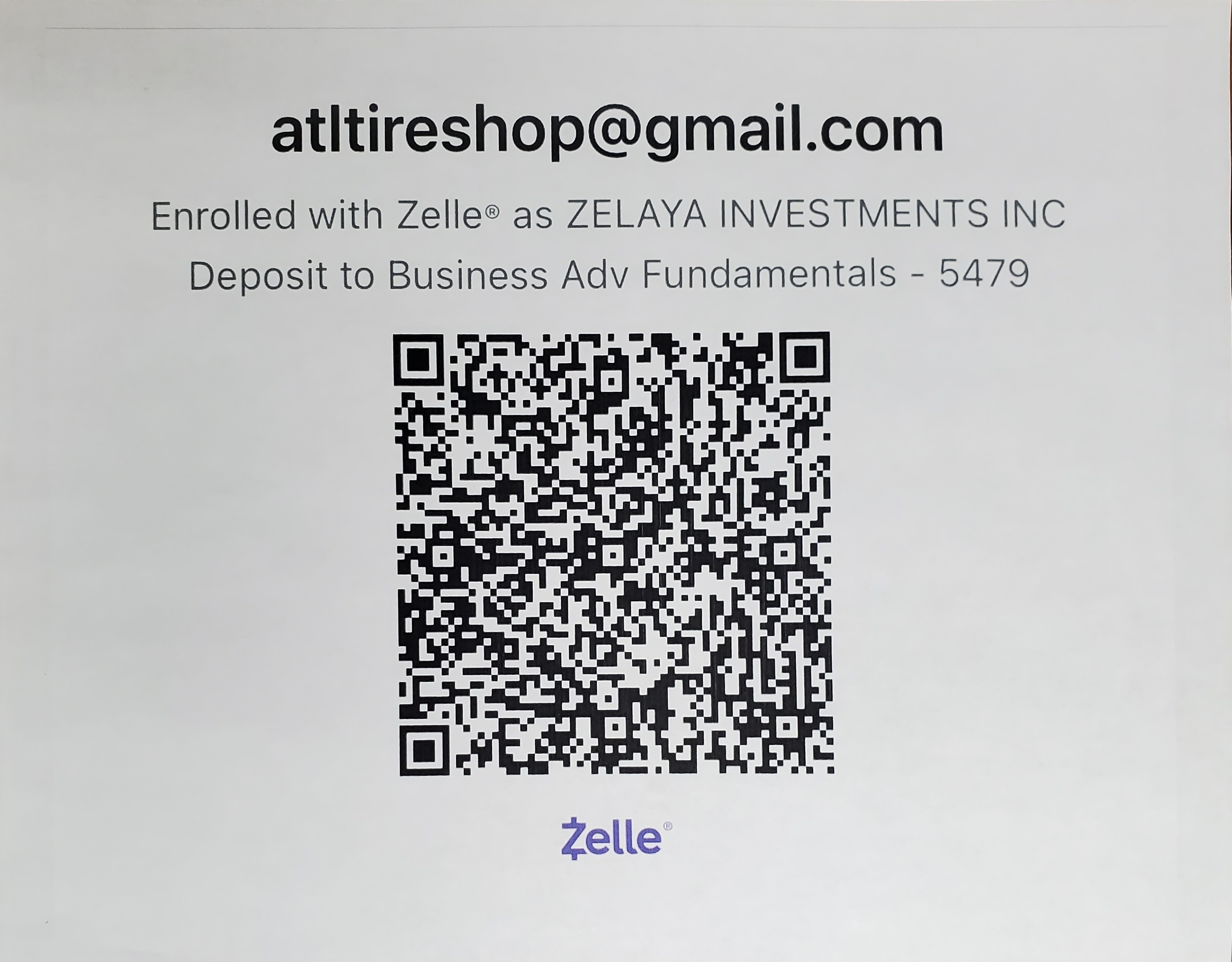 Zelle QR Code for ATL Tire Shop